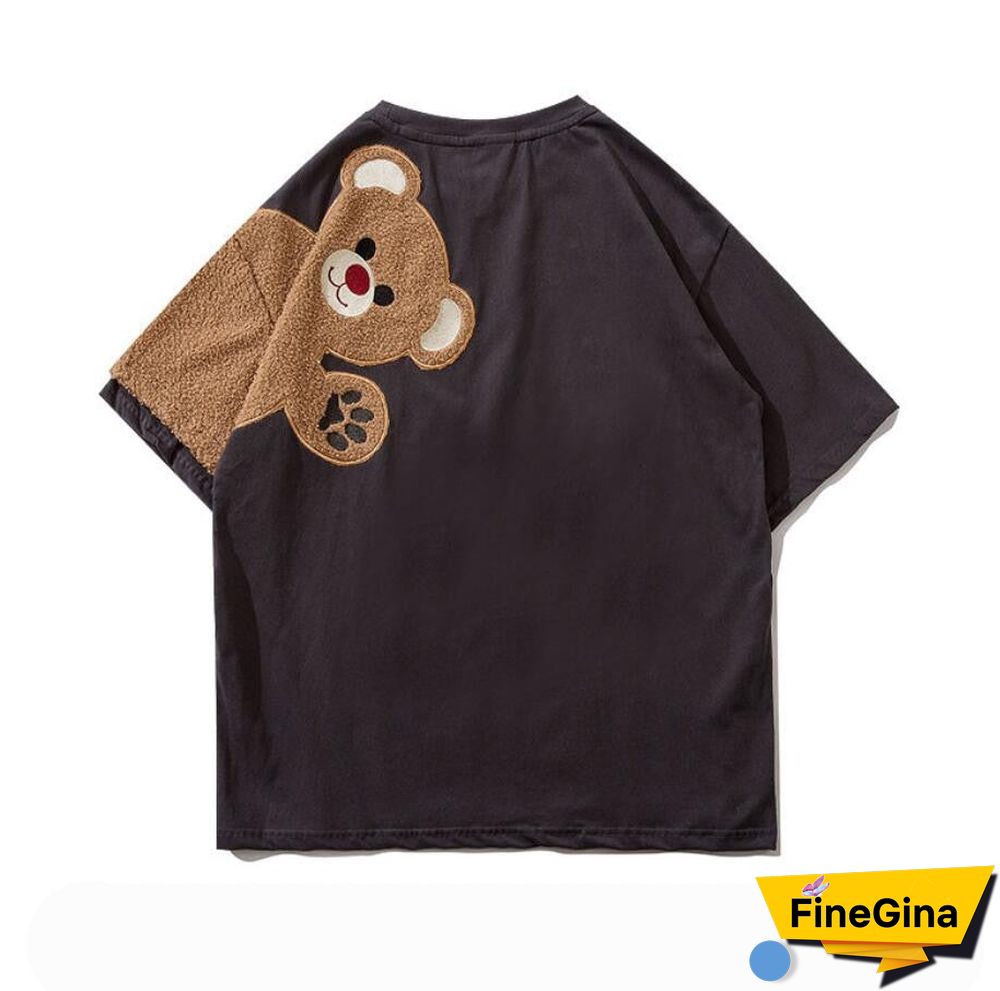 Summer Women T Shirts 100% Pure Cotton T-Shirt Short Sleeve Embroidery Bear Cute Kawaii Tee O-Neck Loose Couple Clothes Top