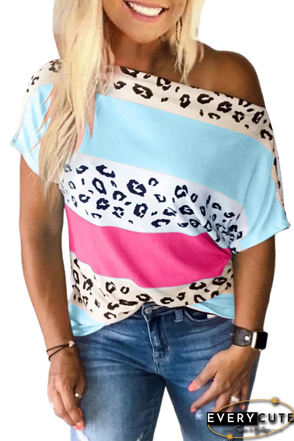Sky Blue Leopard Color Block Short Sleeve Top