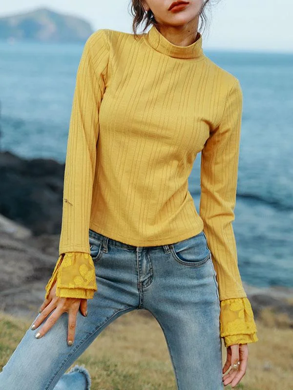 Lace Stitching Striped Knit Turtleneck Sweater