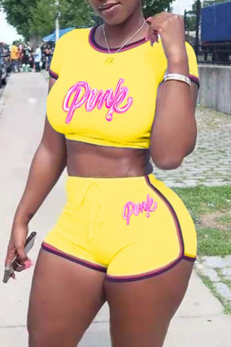 Casual Print Split Joint O Neck Short Sleeve Two Pieces