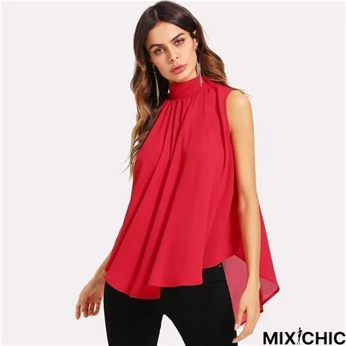 Mock Neck Pleated Front High Low Top Summer Stand Collar Sleeveless Chiffon Blouse