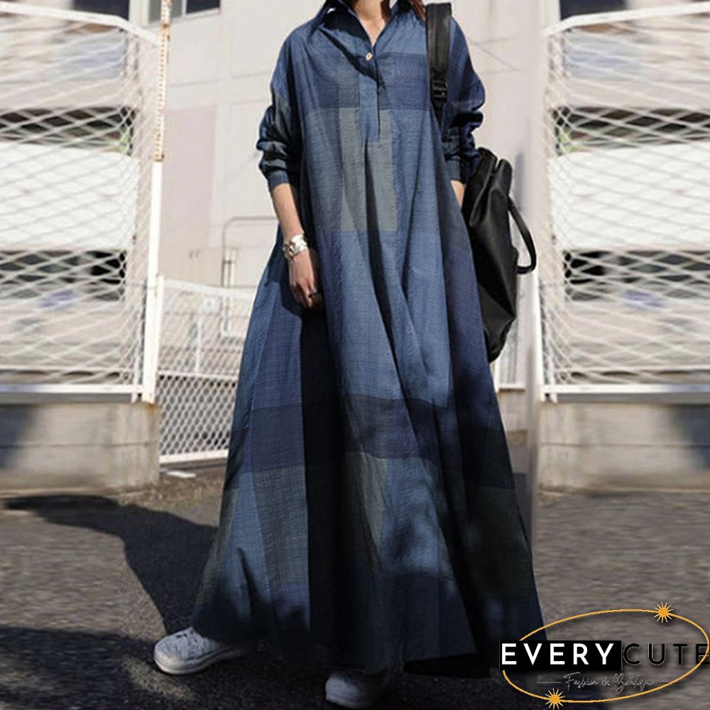 Women Kaftan Full Sleeve Length Oversize Ladies Casual Plaid Check Maxi Shirt Dress Plus Size