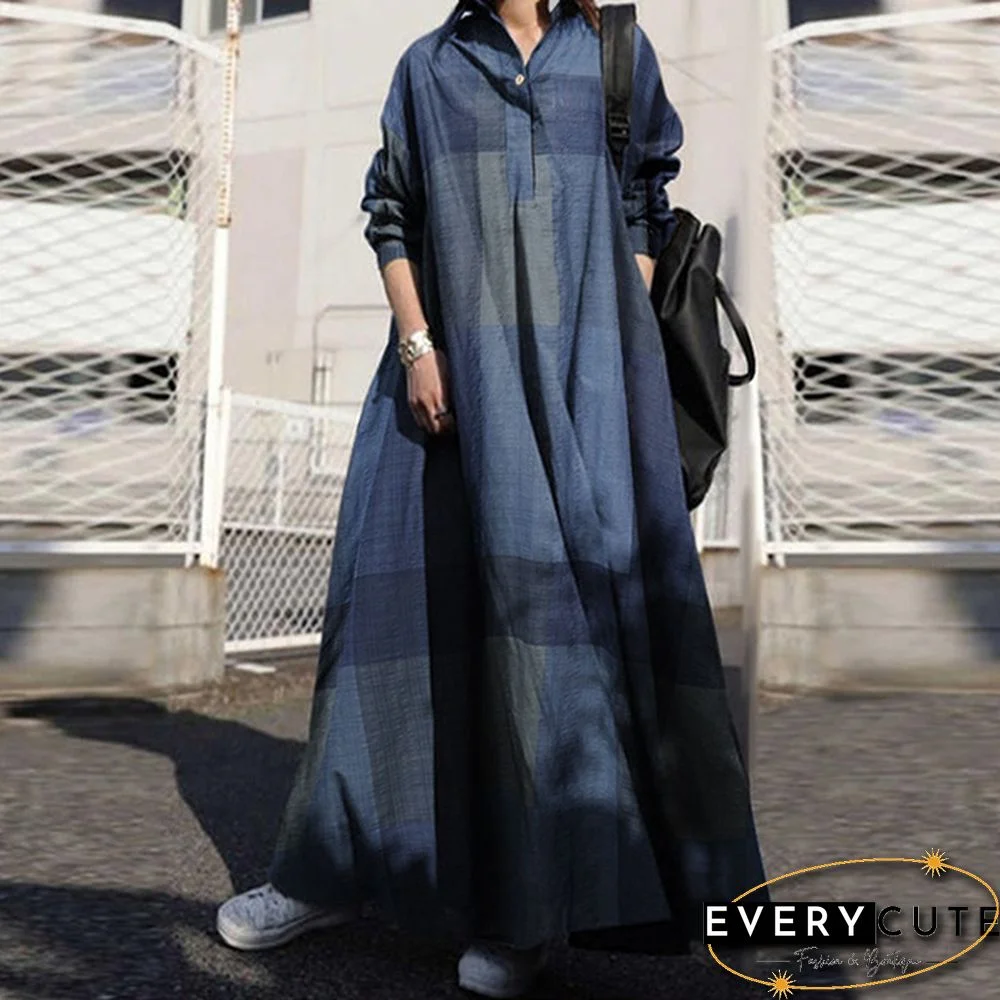 Women Kaftan Full Sleeve Length Oversize Ladies Casual Plaid Check Maxi Shirt Dress Plus Size