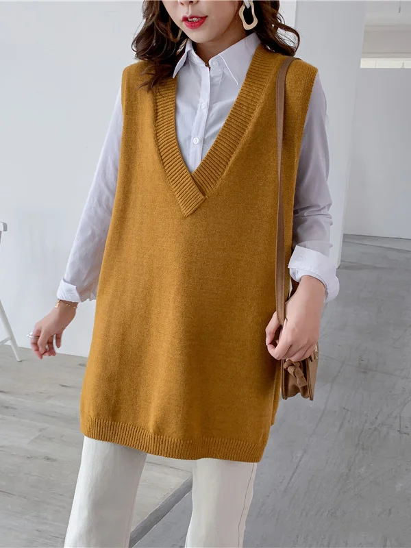 Trendy Sleeveless Split-Side Solid Color V-Neck Knitted Vest