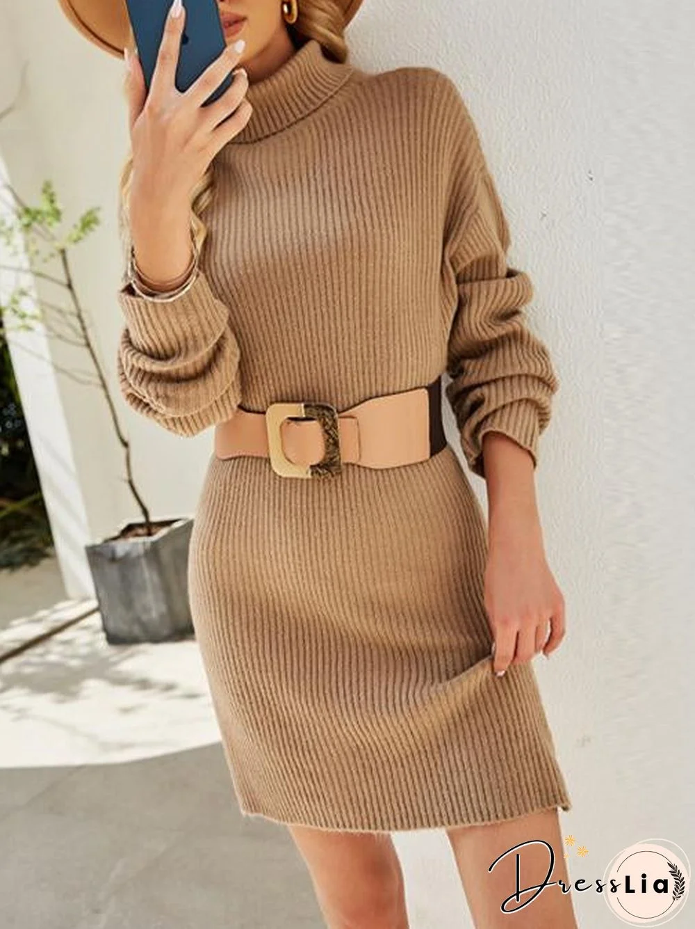 High Neck Plain Sweater Shift Dress