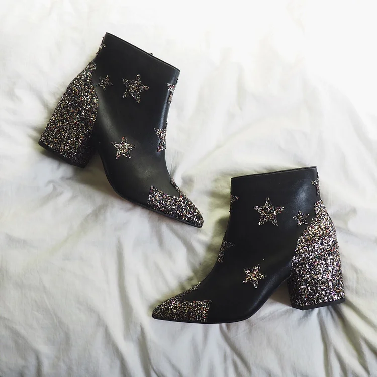 Black Cowgirl Boots with Star Glitter Block Heel Ankle Boots |FSJ Shoes