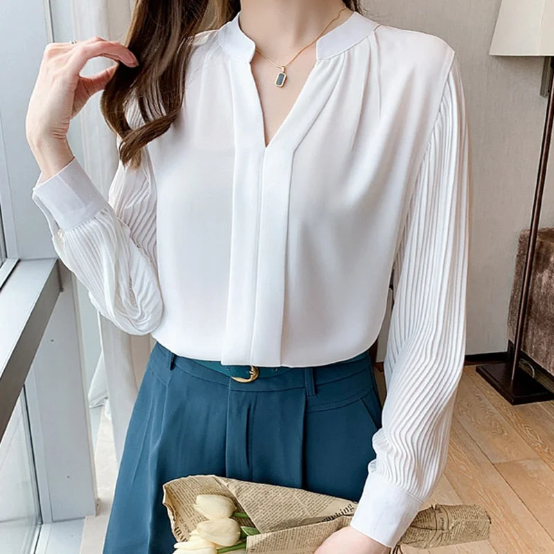 Autumn White V-neck Elegant Stitching Blouse Loose Fold Classic Casual Chiffon Shirt Office Lady Vintage Long Sleeve Shirt 16749
