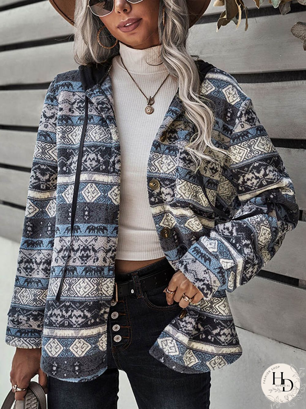 Tribal Pattern Hooded Button Pocket Plush Coat