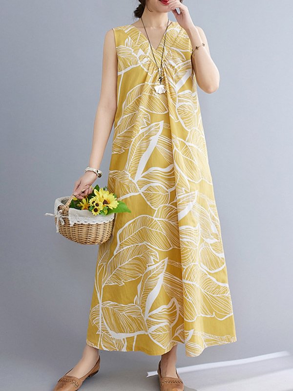 Original Print Sleeveless V-Neck Midi Dress
