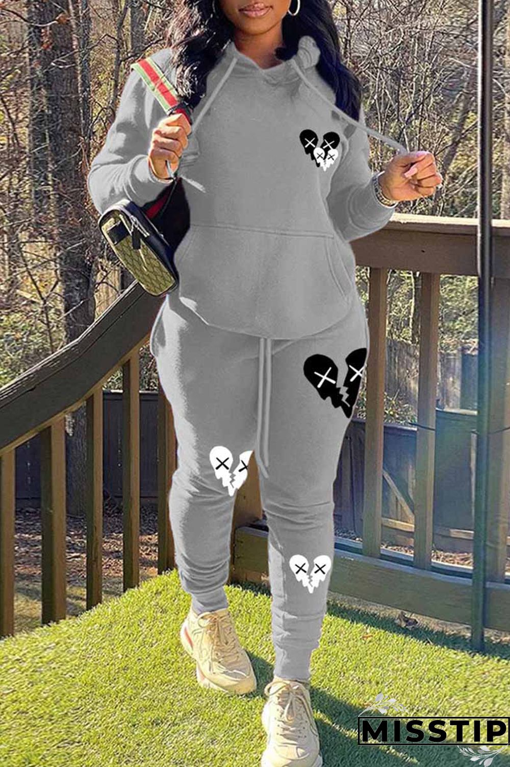 Black Casual Print Patchwork Hooded Collar Long Sleeve Two Pieces