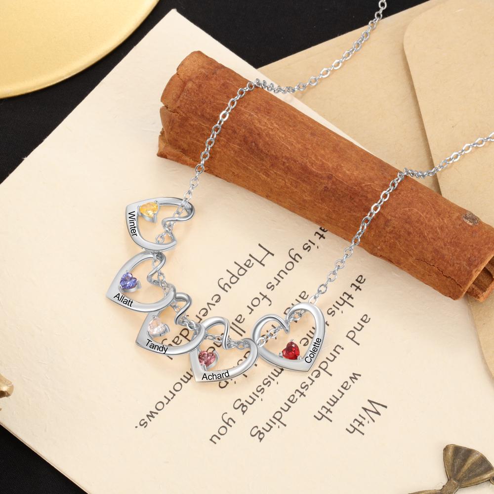 Personalised Heart Pendant Necklace Custom 5 Names & 5 Birthstones Necklace Gifts for Her-Jessemade AU