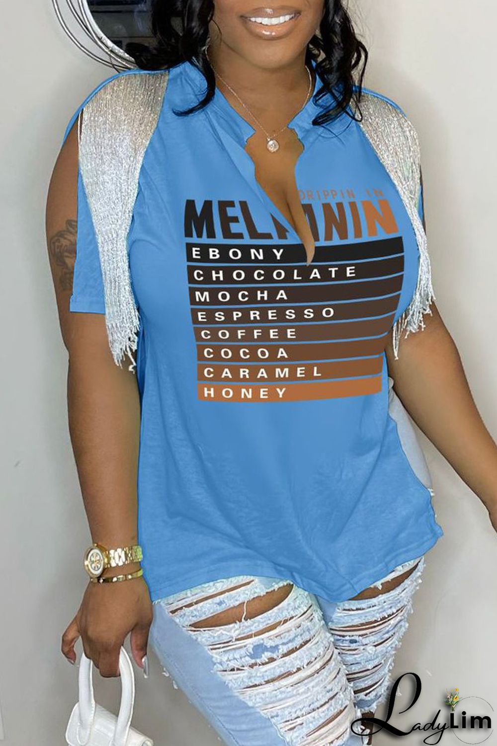 Rose Red Casual Letter Print Tassel Patchwork V Neck T-Shirts