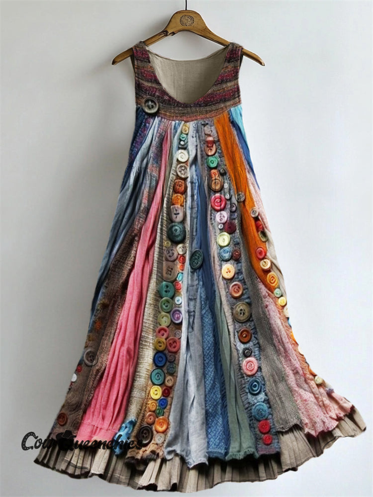 Boho Colorful Textile Flowy Linen Blend Tank Dress Brown / S