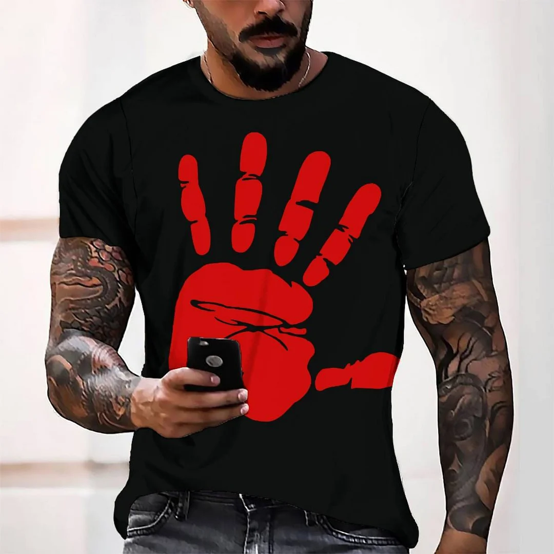 3D Digital Printed Red Hand Men's Casual Loose Short Sleeve T-shirt | EGEMISS