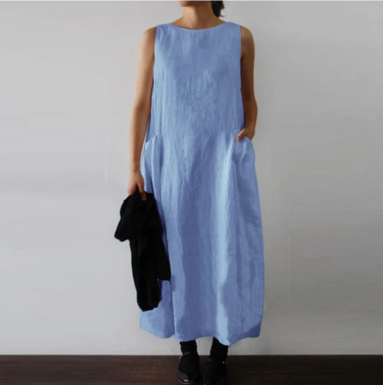 Cotton Linen Casual Round Neck Sleeveless Double Patch Pocket Dress