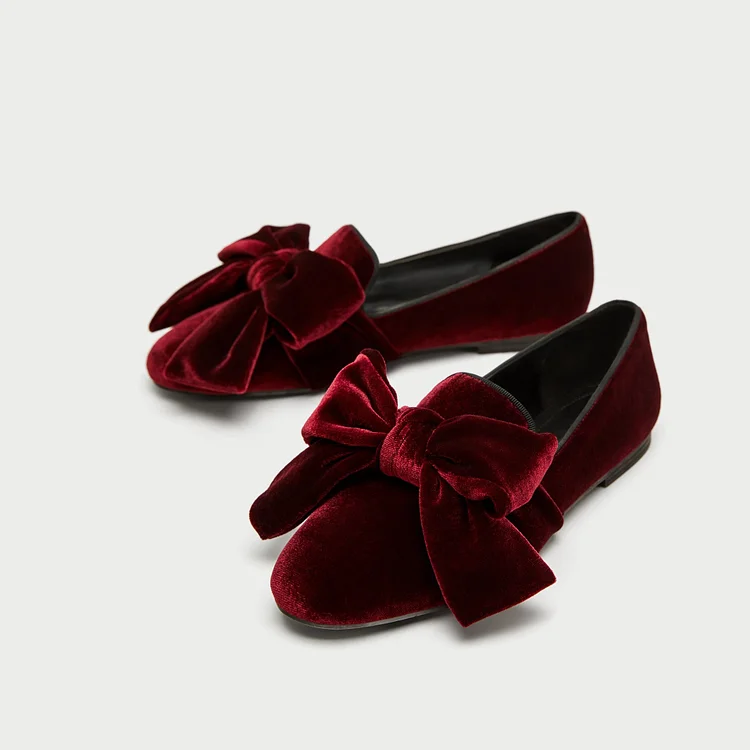 Burgundy Velvet Loafers for Women Cute Round Toe Flats with Bow |FSJ Shoes