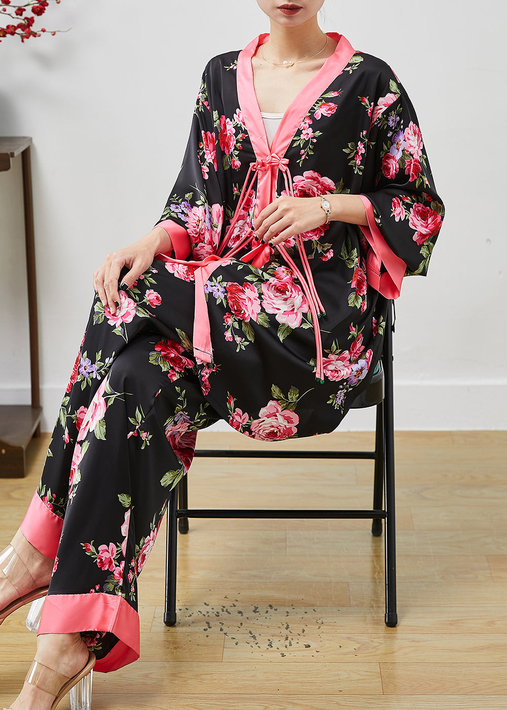 VCSHOES Black Tasseled Floral Silk Two Pieces Set Summer