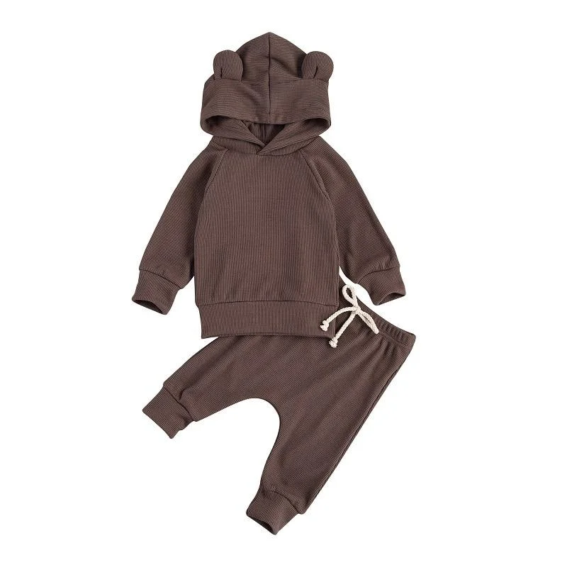 Newborn Baby 2Pcs Ribbed Outfit Set Long Sleeve Solid Color Ears Hoodie and Pants Set for Kids Boys Spring Autumn