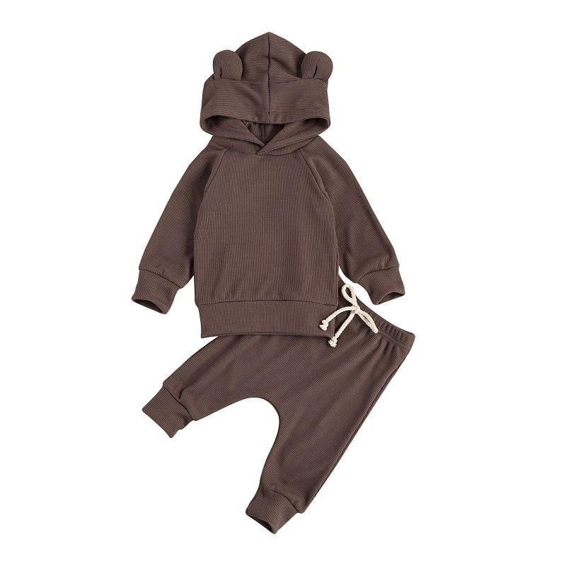 Newborn Baby 2Pcs Ribbed Outfit Set Long Sleeve Solid Color Ears Hoodie and Pants Set for Kids Boys Spring Autumn