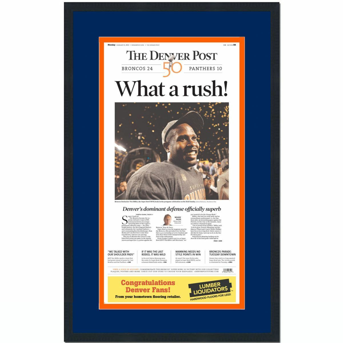 Framed The Denver Post Broncos Super Bowl 50 Newspaper Cover 17x27 Photo Poster painting