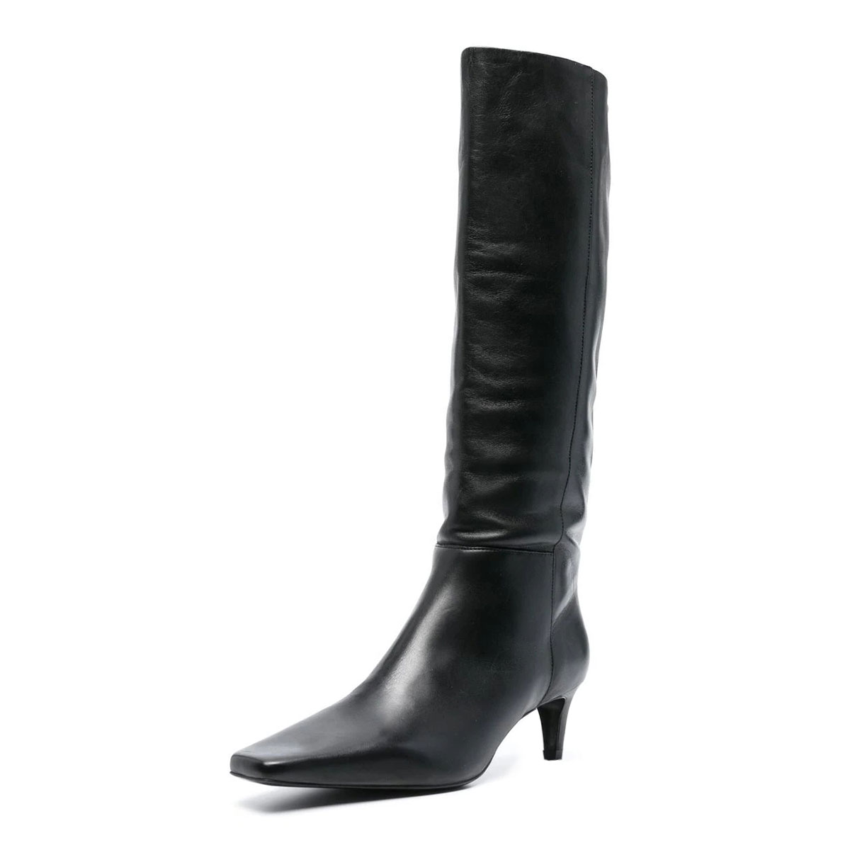 Black Vegan Leather Square Toe Kitten Heel Knee High Boots for Women Nicepairs