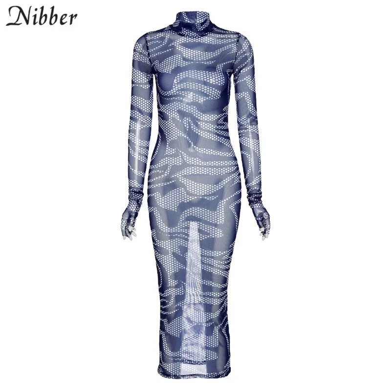 Nibber sexy club wear see-through maxi dresses women party night slim bodycon midi dress Elegant long sleeve graphic dress mujer