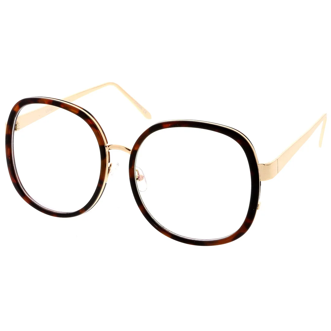 Women's Oversize Metal Arms Nose Birdge Clear Lens Round Eyeglasses 61mm