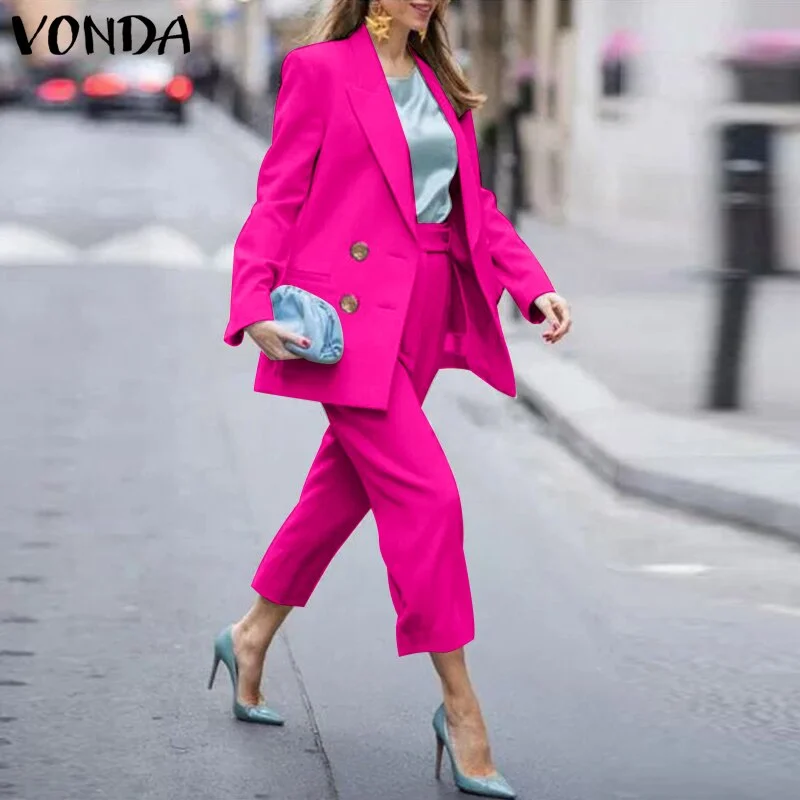 Women Long Sleeve Lapel Suit 2022 Casual Blazer Ropa De Mujer Jackets VONDA OL Office Formal Coats Long Trousers Suits 2PCS
