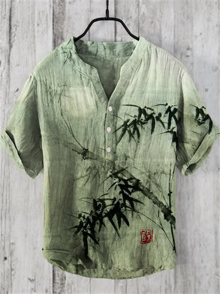 Wearshes Bamboo Forest Full Moon Night Japanese Art Linen Blend Shirt