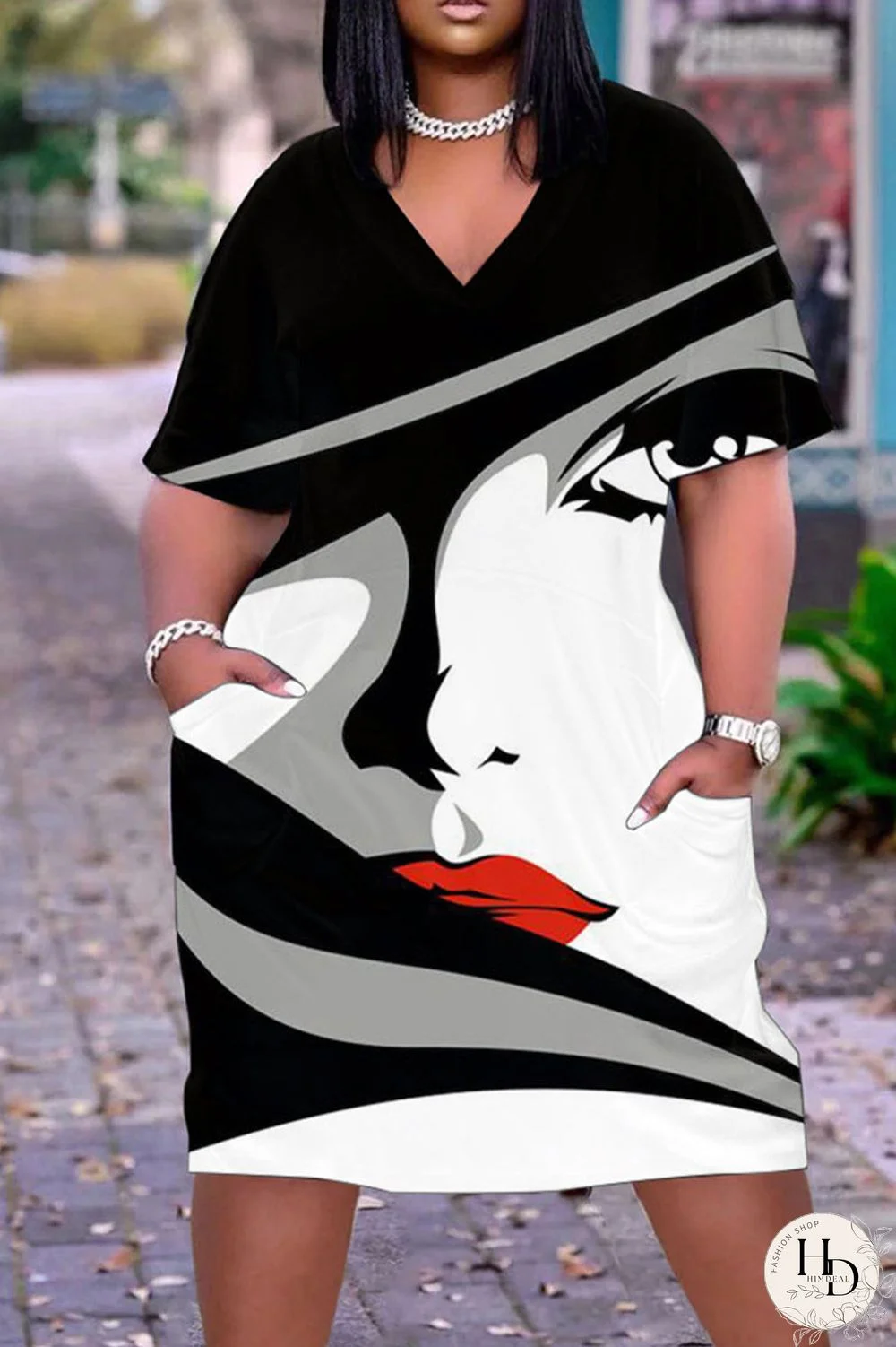 Multicolor Casual Street Print Patchwork V Neck Straight Dresses