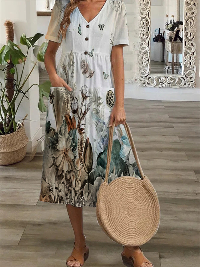 Women Short Sleeve V-neck Floral Printed Button Midi Dress