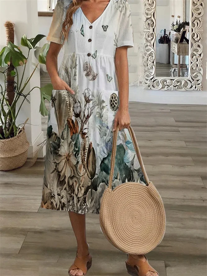 Women Short Sleeve V-neck Floral Printed Button Midi Dress