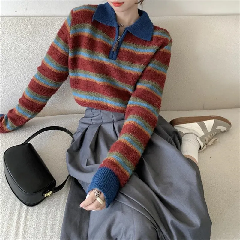 Churchf Churchf New Version Of 2023 Korean Version Collision Color Stripe Polo Collar Sweater Fashion Loose Lazy Wind Pullover Sweater Woman