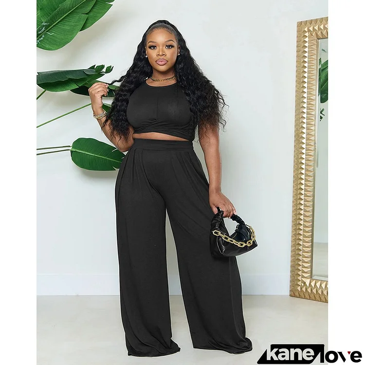 Women Fashion Plus Size Solid Color Cross Short Sleeve Top Wide Leg Pants Two-Piece Set