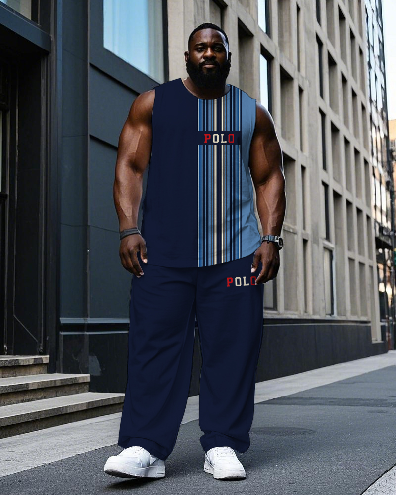 Big and Tall Men's Splicing Color Block Blue Stripe POLO Letter Printed Sporty Vest and Pants Set