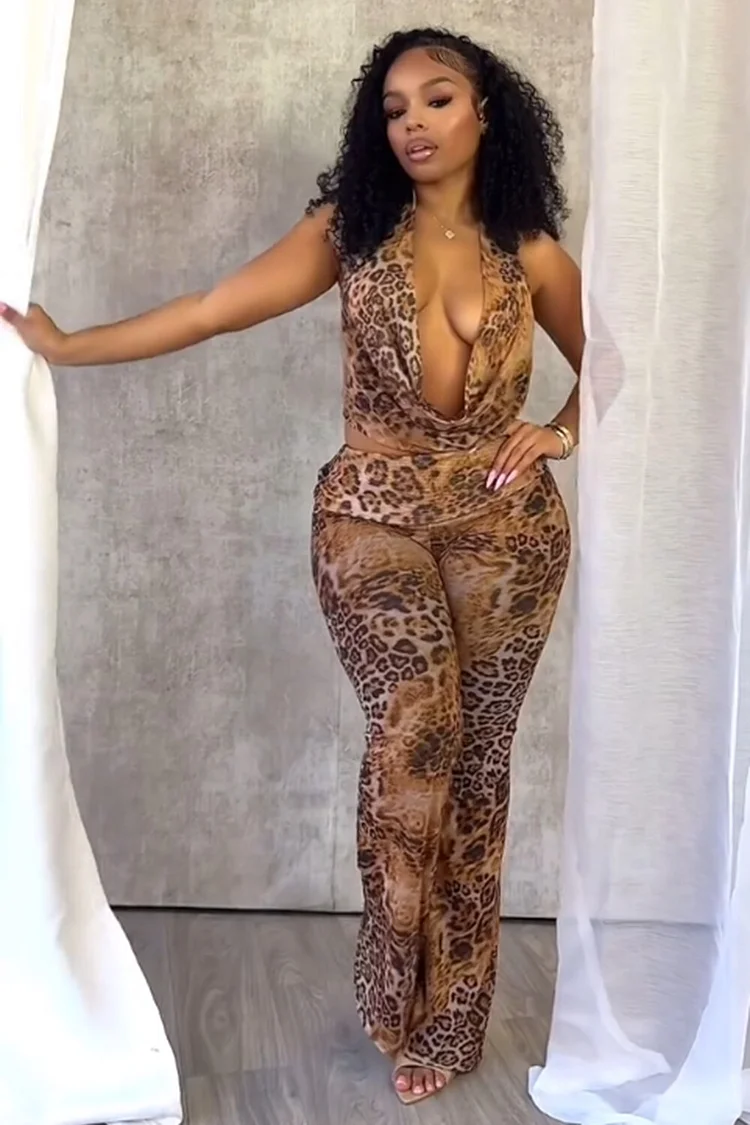 Plunging Halter Top Leopard Print Pants Party 2pcs Set-Brown