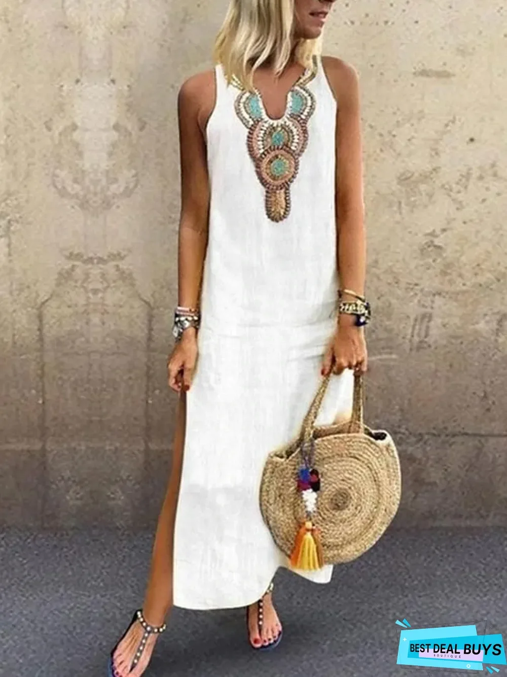 Women's Blazer Dresses Maxi Long Dress - Sleeveless Tribal Split Print Summer V Neck Plus Size Hot Casual Boho Holiday Beach White Yellow Wine Green Gray White Dresses