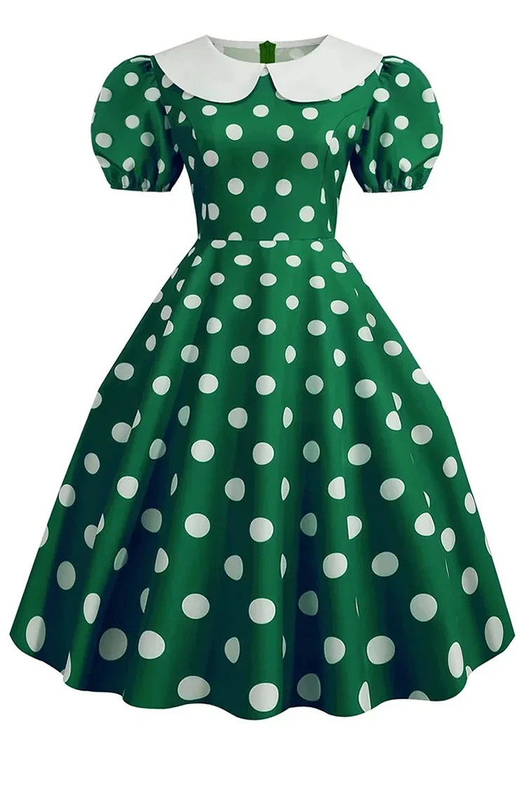 1950s Green Doll Collar Puff Sleeve Polka Dot Print Swing Midi Dresses