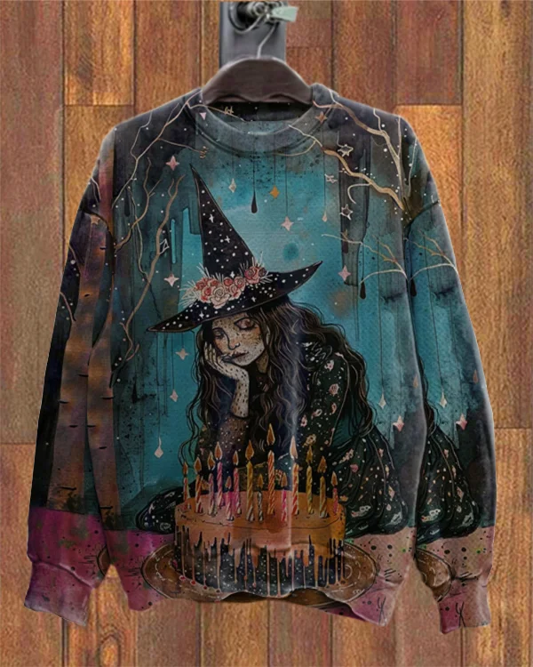 The Birthday Witch Halloween Print Loose Sweatshirt