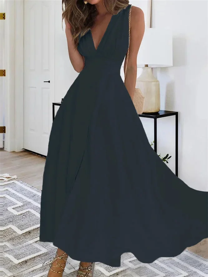 Women's Sleeveless V-neck Solid Color Maxi Dress