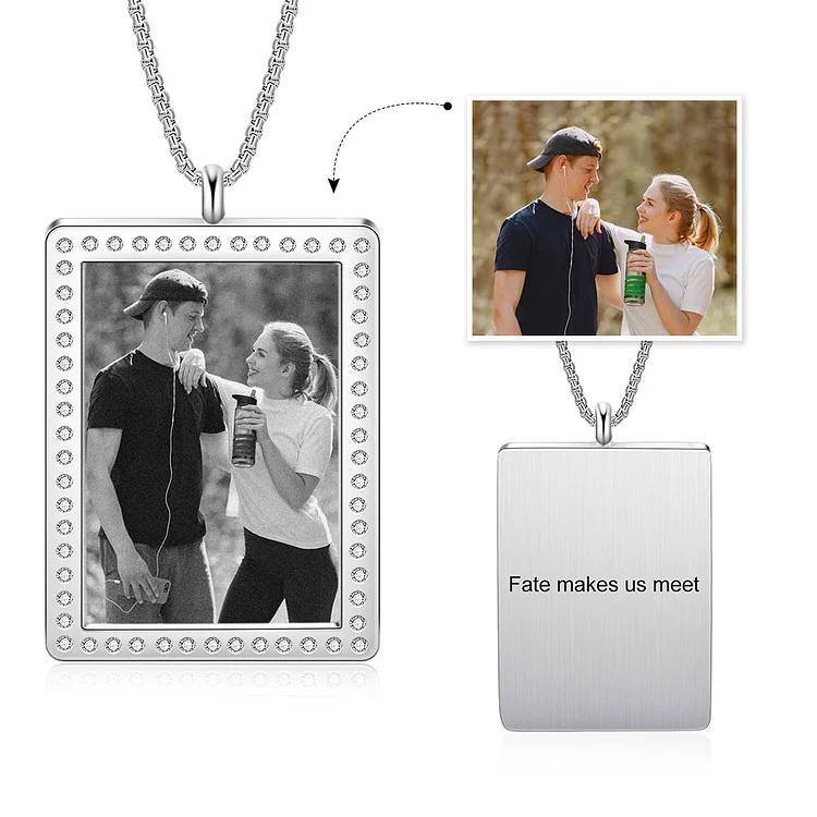 Personalized Photo Necklace Rectangle Crystal Charm with Engraving