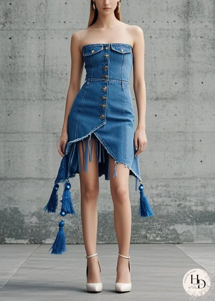 Women Blue Tasseled Asymmetrical Design Denim Day Strapless Dress Summer