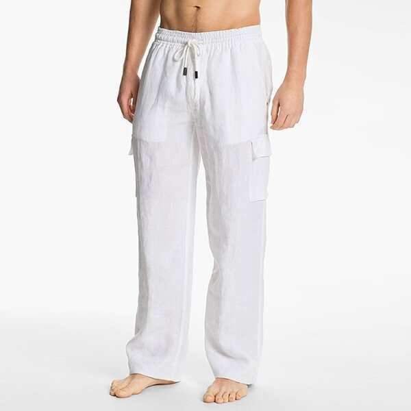 Men's Comfy Linen Blend Trousers Drawstring Cargo Pants Casual Loose Fit 5 Pockets Long Pants