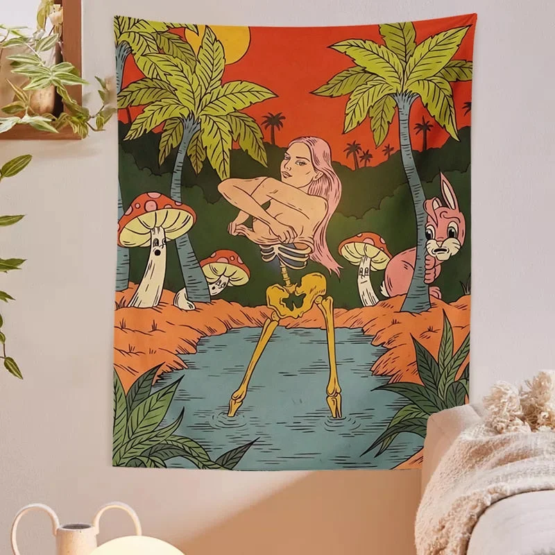 Psychedelic Skull Tapestry Wall Hanging mushroom girl rabbit sun Tapestries Human Skeleton Home Decor Accessories Room Dorm