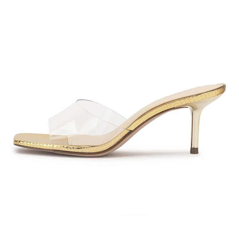 Gold Open Square Toe Slip-On Stiletto Heel Clear Mules Sandals