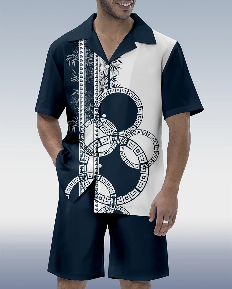 Men's Colorblock Geometric Hawaiian Cuban Collar Short Sleeve Shirt Set 06