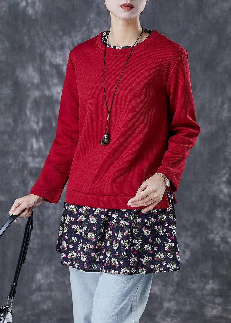 Chic Red Print Patchwork Warm Fleece Blouses Winter