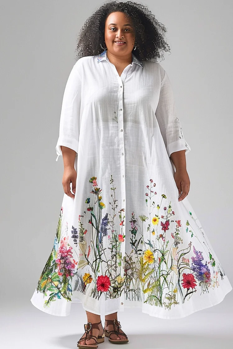 Flycurvy Plus Size Daily White Linen Button Down Floral Print Shirtdress Maxi Dress  Flycurvy [product_label]