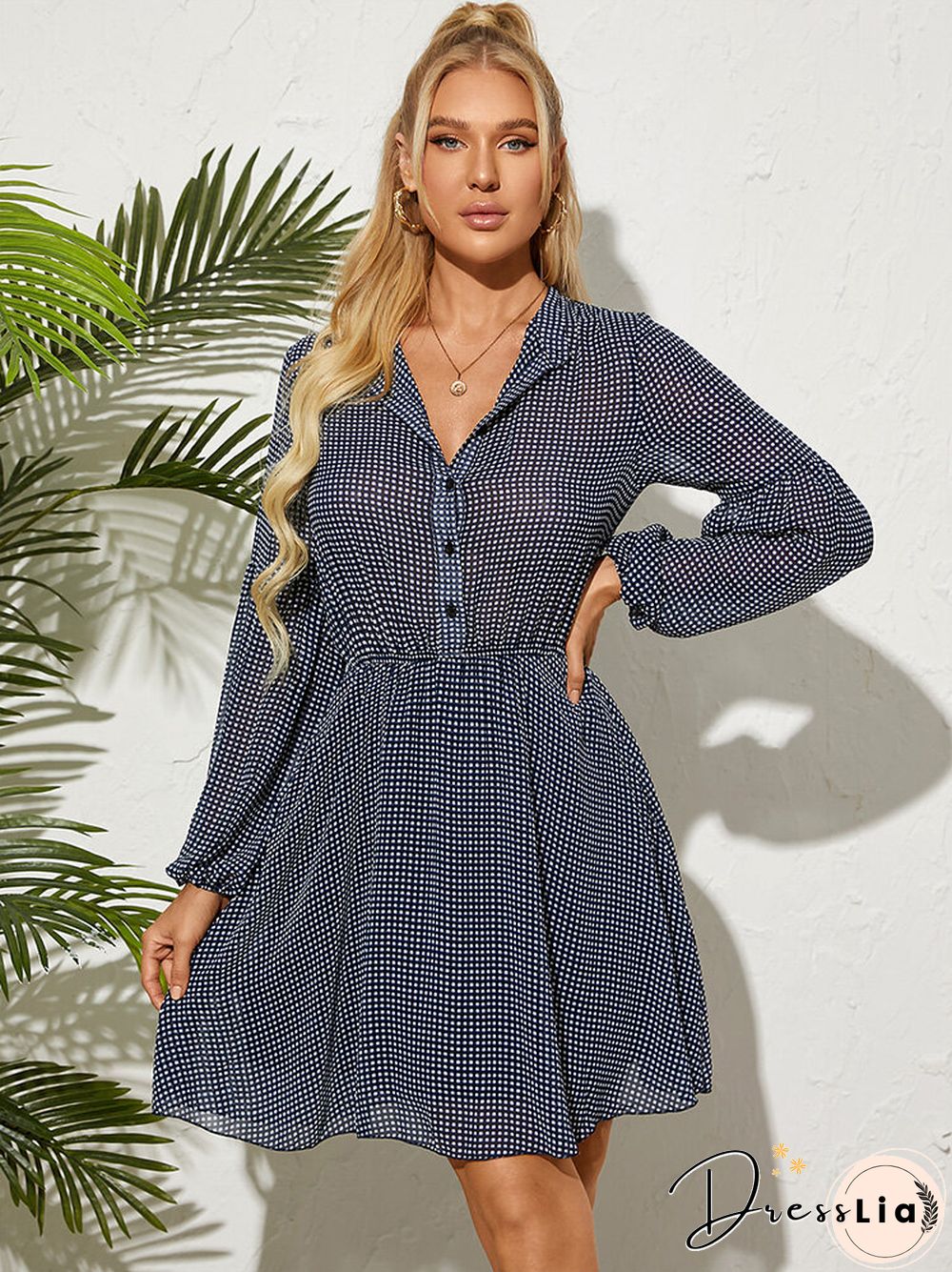 Plaid Check Print Button Lapel Long Sleeve Dress