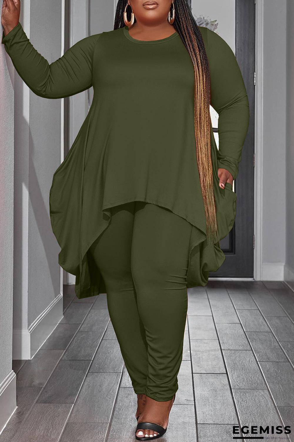 Army Green Casual Solid Asymmetrical O Neck Plus Size Two Pieces | EGEMISS